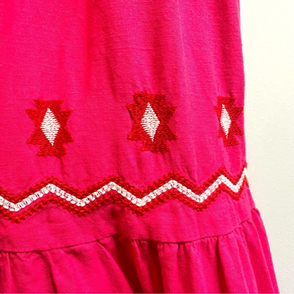 Loft Embroidered Linen blend Boho tiered bright Pink Midi Dress, size small